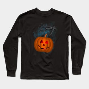 Pumpkin and Skeleton Hand Happy Halloween Long Sleeve T-Shirt